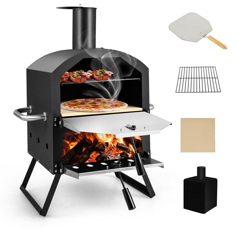 Outdoor 2-Layer Pizza Oven Wood Fired Pizza Oven with Waterproof Cover, Pizza Stone, Pizza Peel, Portable Pizza Maker Pizza Grill Oven for Camping BBQ