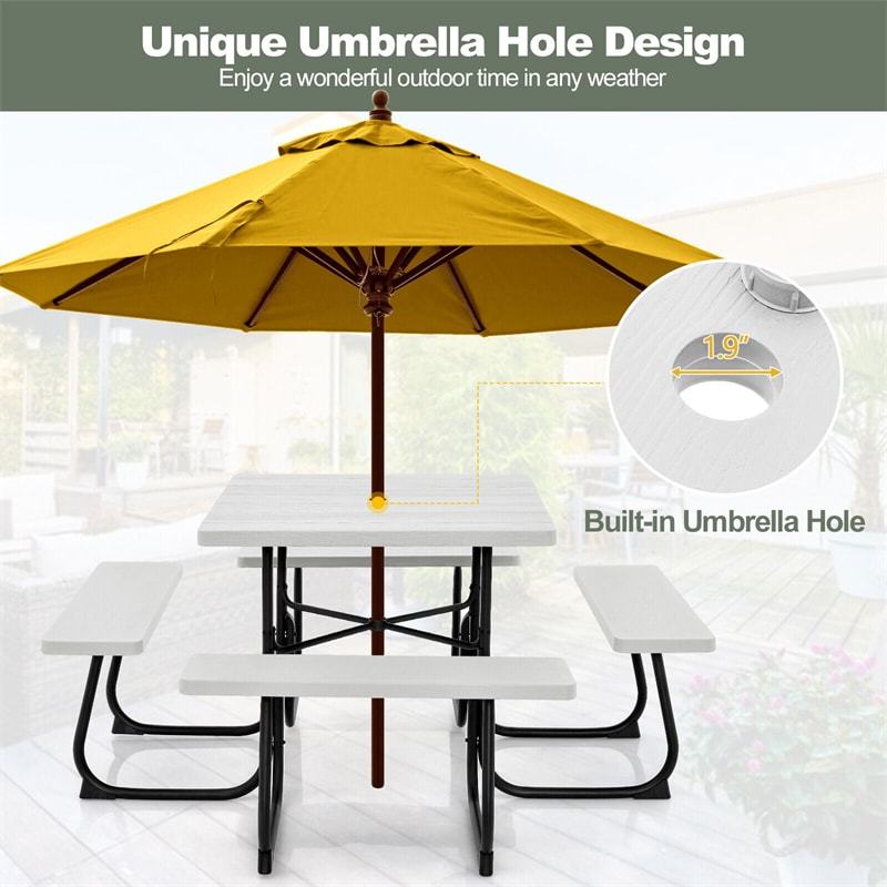 8-Person Picnic Table Set, Square Outdoor Table with 4 Built-in Benches, Umbrella Hole, HDPE Top, Metal Frame, 500LBS Capacity for Garden Patio