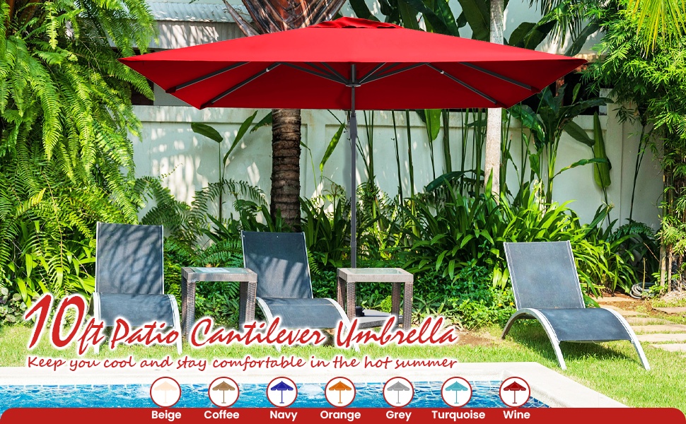 10 x 10 FT Patio Offset Cantilever Umbrella Outdoor Hanging Sun Umbrella with 360° Rotation Tilt & Cross Base