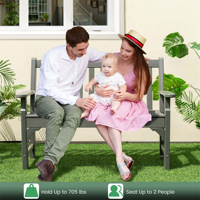Outdoor Garden Bench All-Weather HDPE Park Bench 2-Person Patio Bench with Slatted Backrest & Armrest for Backyard Lawn
