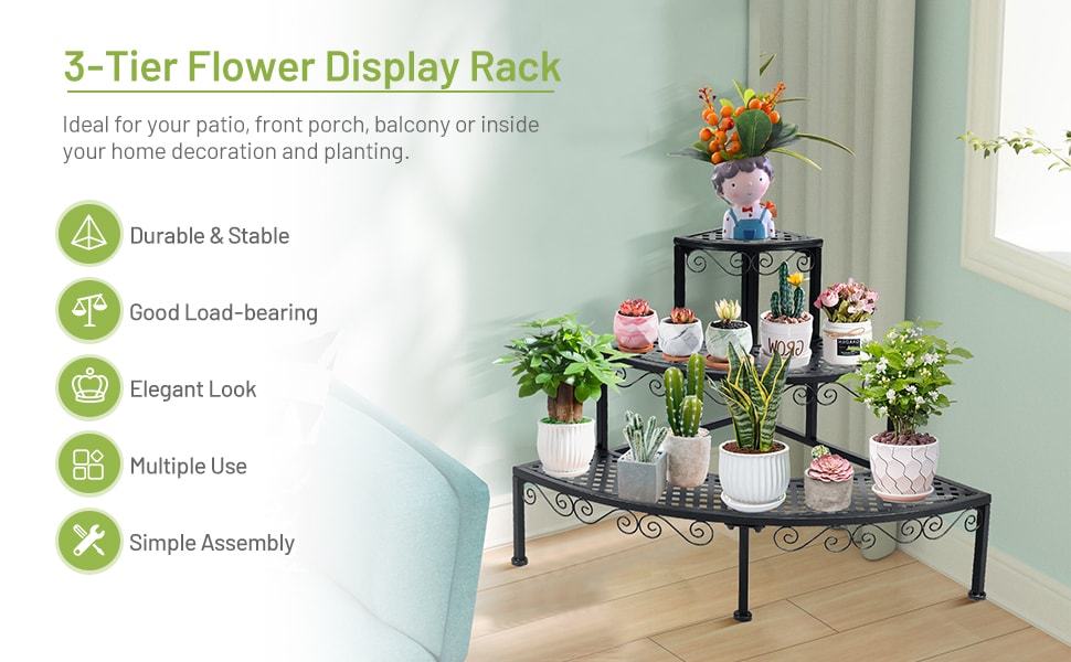 3 Tier Outdoor Metal Corner Plant Stand Ladder Display Shelf