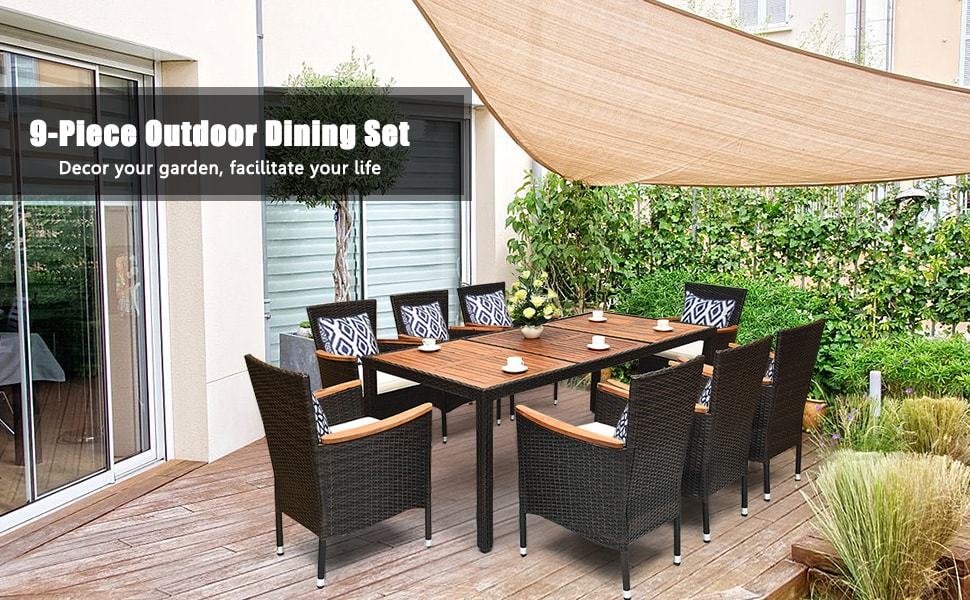 9 Pcs Wicker Outdoor Patio Dining Set with Acacia Wood Table and Stackable Armrest Chairs