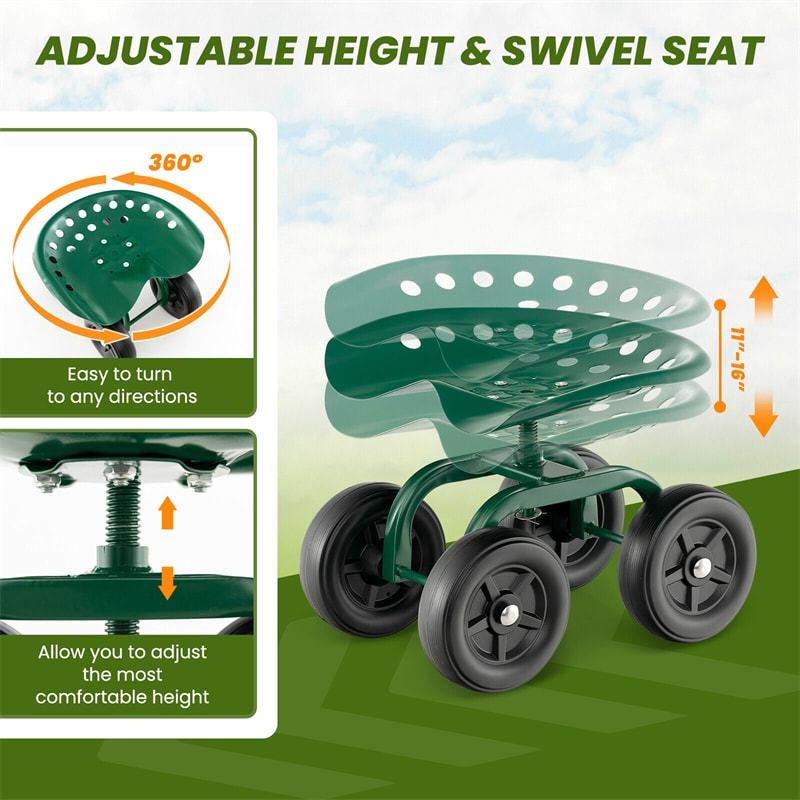 Heavy Duty Garden Cart with 360° Swivel Seat & Wheels, Height Adjustable Rolling Gardening Seat Utility Stool Cart Garden Scooter for Planting