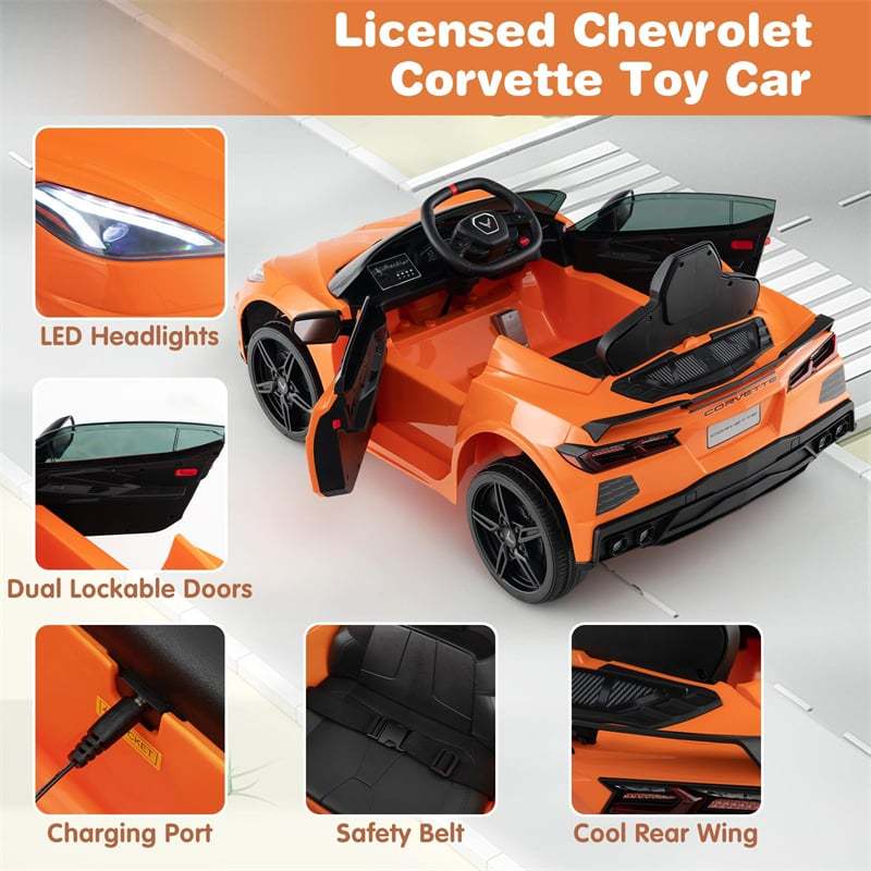 12V Kids Ride On Car Licensed Chevrolet Corvette C8 Electric Toy Car with Remote Control, Wireless Connection, Lights, Gift for Boys & Girls