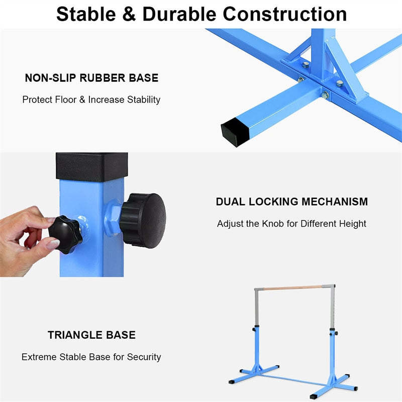 Steel Gymnastics Training Bar, 3' to 5' Height Adjustable Kip Bar with Double Locking Mechanism, Junior Horizontal Bar for Home Practice