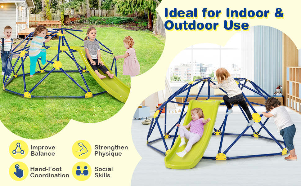 8FT Climbing Dome with Slide, 2-in-1 Geometric Dome Climber Indoor Outdoor Jungle Gym Climbing Toys for Kids & Toddlers