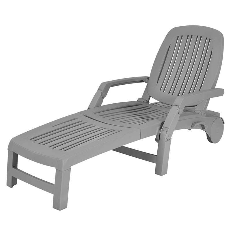 he Folding Outdoor Chaise Lounge, Weatherproof Plastic Lounge Chair with 6-Position Adjustable Backrest & Wheels for Poolside, Patio, Beach