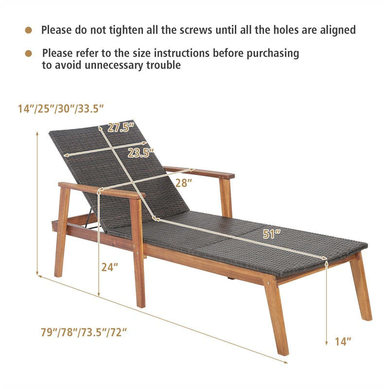 Patio Rattan Chaise Lounge Chair, Acacia Wood Frame Outdoor Recliner with 4-Position Adjustable Backrest for Poolside Backyard Garden, 800LBS Capacity