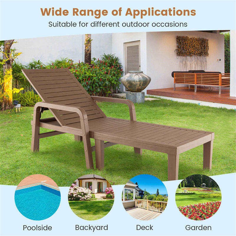 Outdoor Chaise Lounge Chair All Weather PP Patio Recliner Chair 4-Position Adjustable Backrest with Curved Armrests