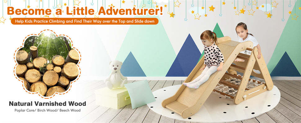 4-in-1 Pikler Triangle Climber Montessori Climbing Toys Wooden Climbing Triangle Ladder with Sliding Ramp, Climbing Net & Board