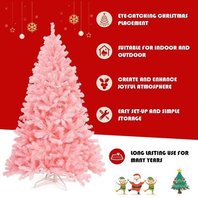 6FT Pink Artificial Hinged Spruce Full Christmas Tree with Foldable Metal Stand