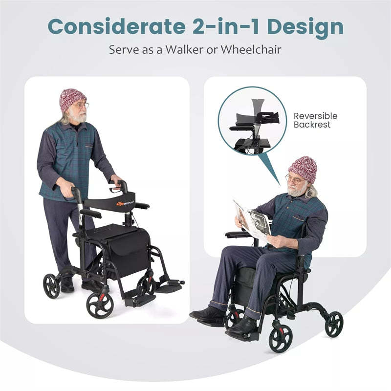 2-in-1 Folding Rollator Walker Wheelchair Combo with Backrest & Adjustable Height, 300lbs Aluminum Mobility Walking Aid for Seniors/Adults