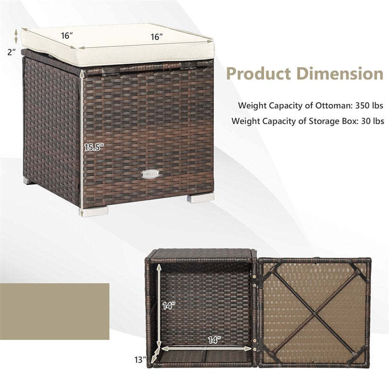 2PCS Wicker Patio Ottomans Hand-Woven PE Rattan Multipurpose Outdoor Footstool Side Table with Removable Cushions & Hidden Storage Box