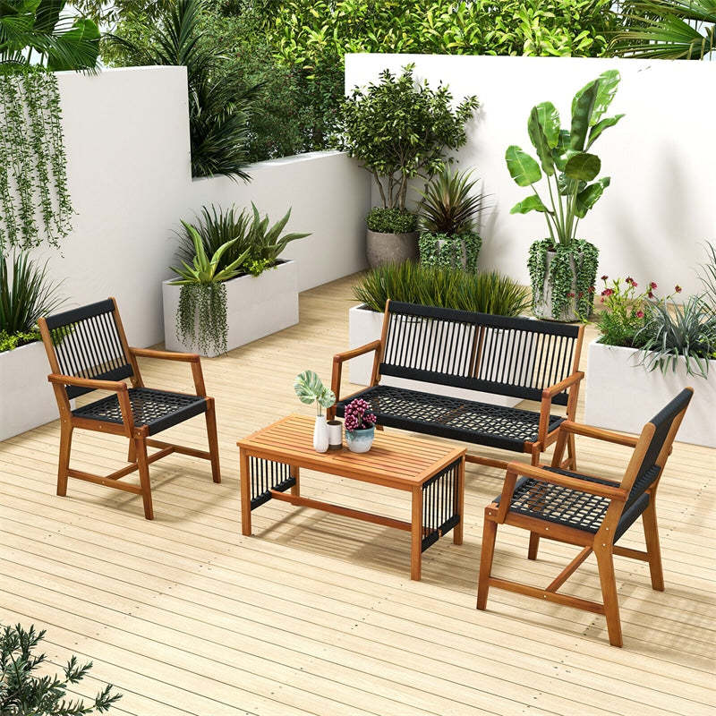 4pcs Acacia Wood Outdoor Conversation Table Chair Set Patio Chat Set with Coffee Table & Hand-Woven Rope Loveseat Chairs