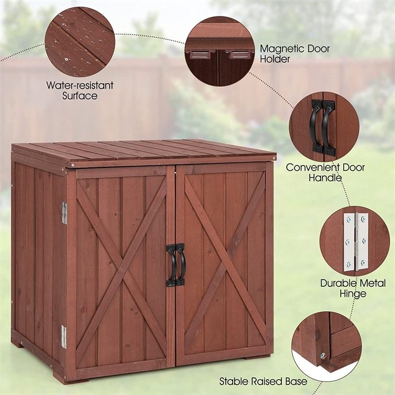 Outdoor Wood Storage Cabinet Garden Tool Shed with Double Doors for Patio Backyard