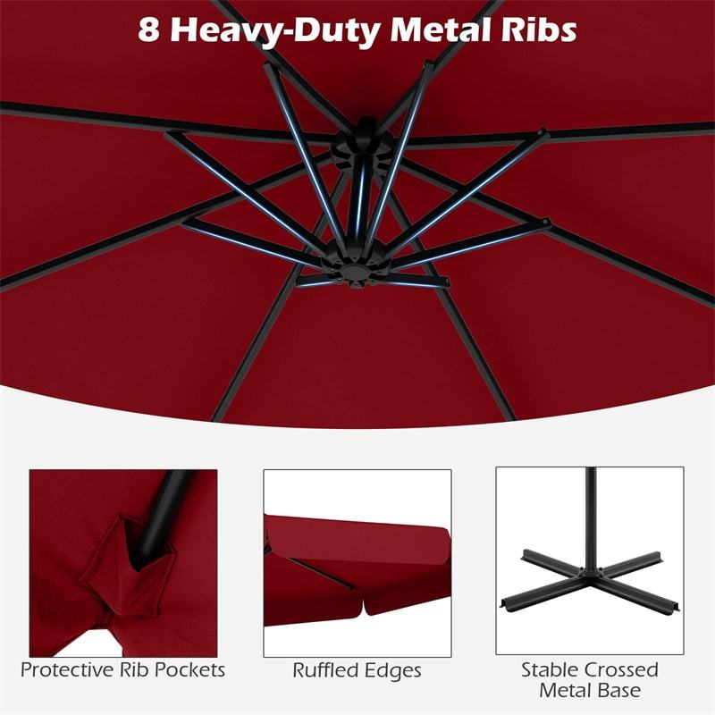 10FT Offset Cantilever Umbrella with Cover, Tilt Adjustment & Crank, 8-Rib Heavy-Duty Vented Ruffled Patio Umbrella for Poolside/Garden/Deck