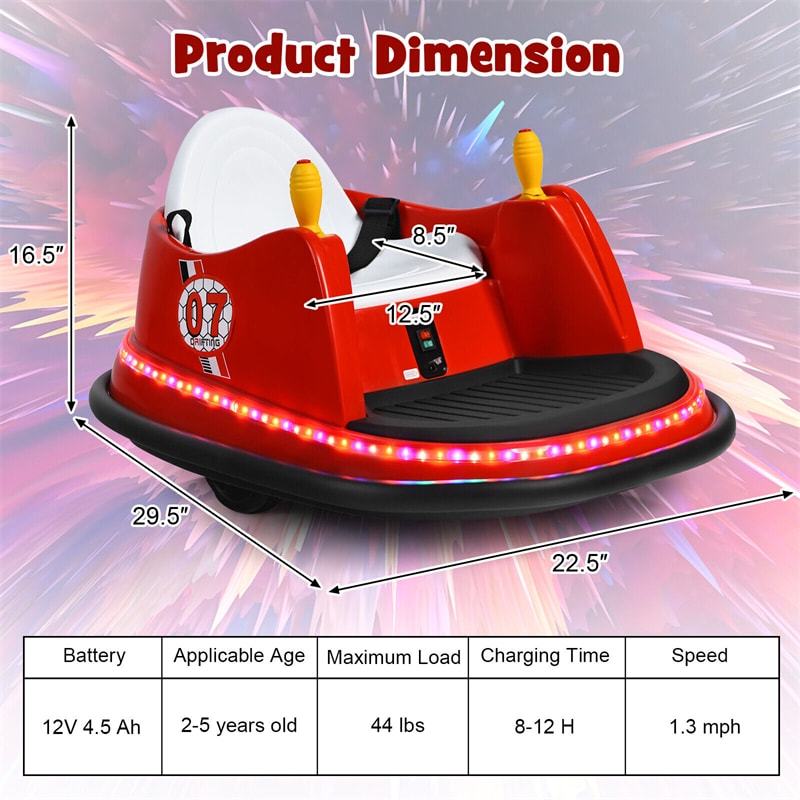 Kids Bumper Car, 12V Battery-Powered Electric Ride-On Bumper Car with 360° Spin, Dual Joysticks, Remote Control & Flashing Lights for Ages 2-5