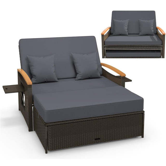 Patio Rattan Daybed Set with Cushioned Loveseat, Storage Ottoman, Retractable Side Tray, Backrest Adjustable Outdoor Double Chaise Lounge