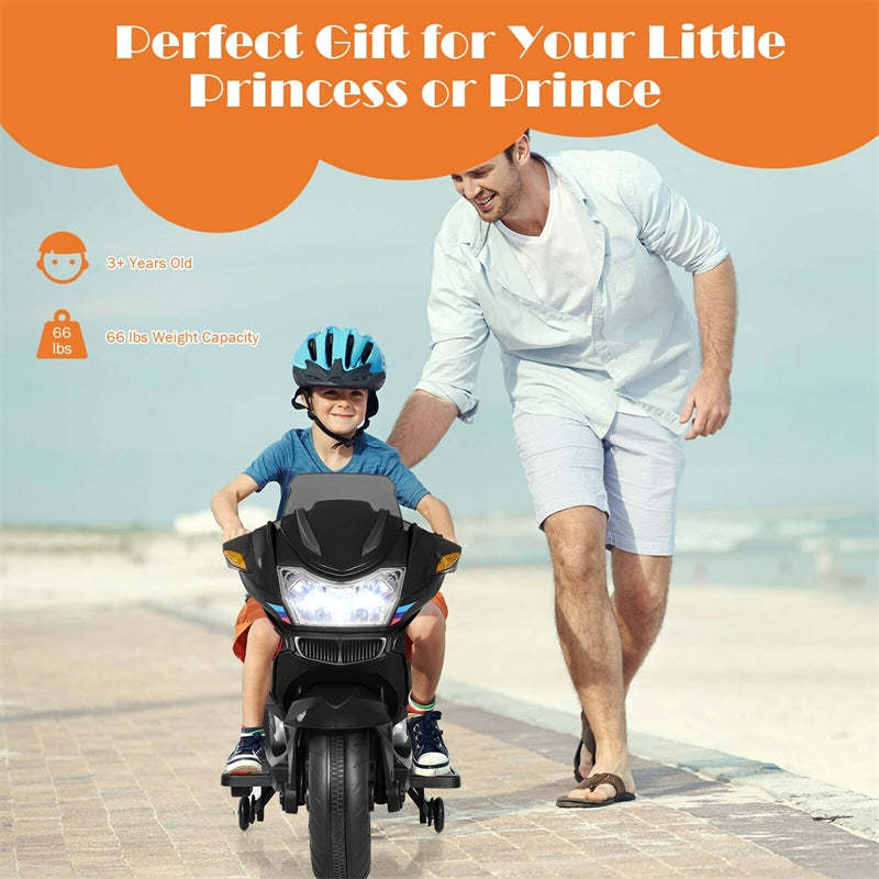 12V Kids Ride-On Motorcycle with Training Wheels, LED Lights & Foot Pedal, Battery-Powered Electric Ride On Motorbike for Boys/Girls Ages 3+