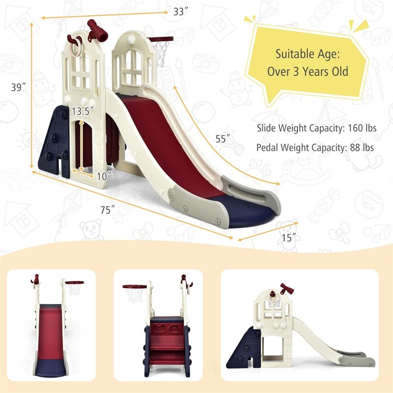 6-in-1 Large Slide for Kids, Toddler Climber Slide Playset with Basketball Hoop, Ring Toss, Freestanding for Indoor & Outdoor Use
