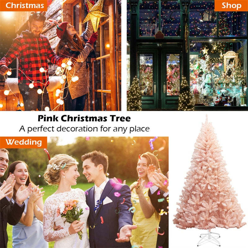 6FT Pink Artificial Christmas Tree Unlit Hinged Spruce Full Xmas Tree with Metal Stand for Indoor & Outdoor Use