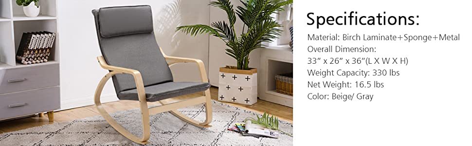 Modern Bentwood Rocking Chair Relax Rocker Lounge Chair with Removable Upholstered Cushion