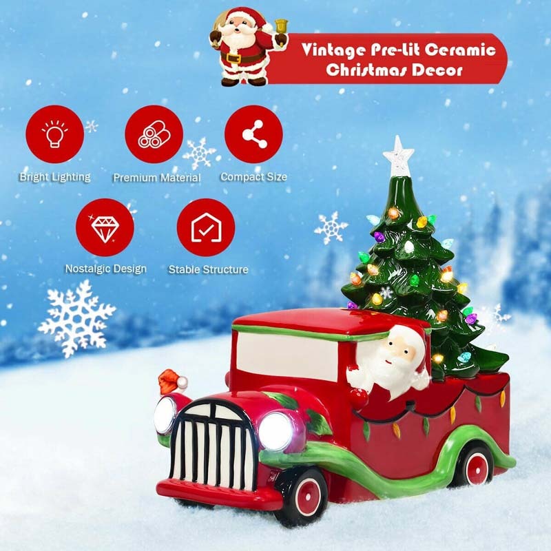 Vintage Tabletop Pre-Lit Ceramic Red Truck with Christmas Tree