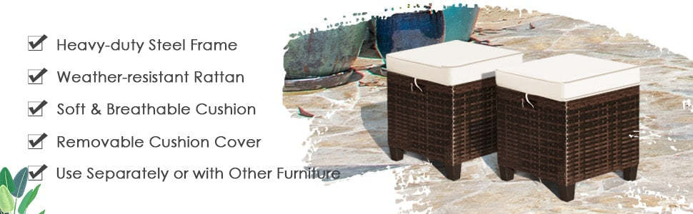 2Pcs Patio Rattan Ottoman Outdoor All Weather Wicker Cushioned Seat Foot Rest Ottoman