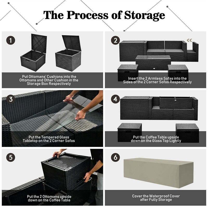 8PCS Wicker Outdoor Sectional Set, Patio Rattan Furniture Set with Storage Box, Coffee Table, Sofas, Ottomans, Cushions & Waterproof Cover