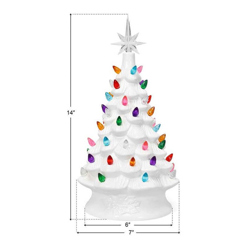 14 Inch Hand-Painted White Tabletop Ceramic Christmas Tree with 12 Built-in Lights and Top Star