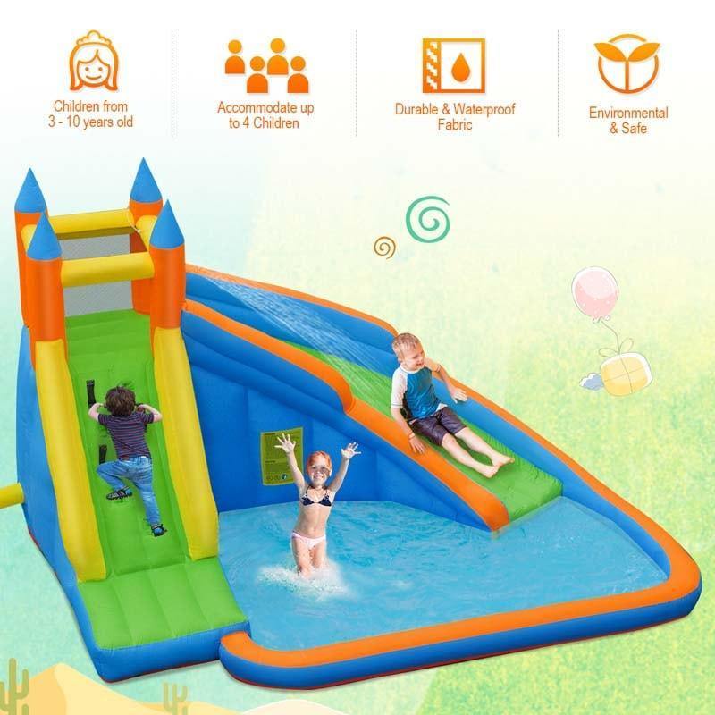 Inflatable Water Slide Mighty Bounce House Jumper Giant Bouncy Waterslide Park with Climbing Wall & Splash Pool for Kids Backyard Fun