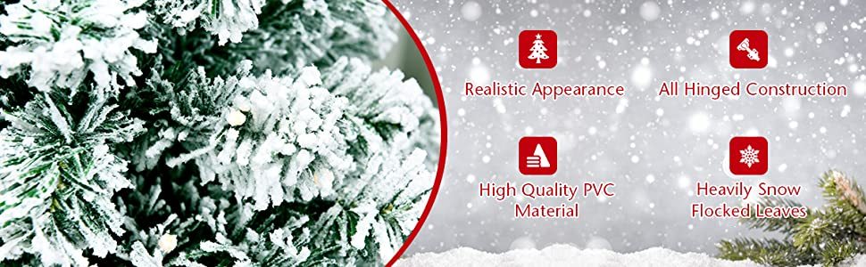 4.5ft Pre-Lit Snowy Artificial Christmas Tree Flocked Xmas Tree with 200 LED Lights & Metal Stand for Holiday Decoration