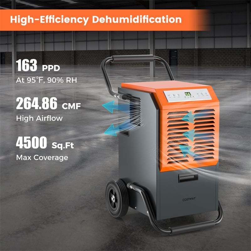 163 Pints Bucketless Commercial Dehumidifier, 4000 Sq.Ft Portable Industrial Dehumidifier with Drain Hose & Tank for Basement, Warehouse, Job Site