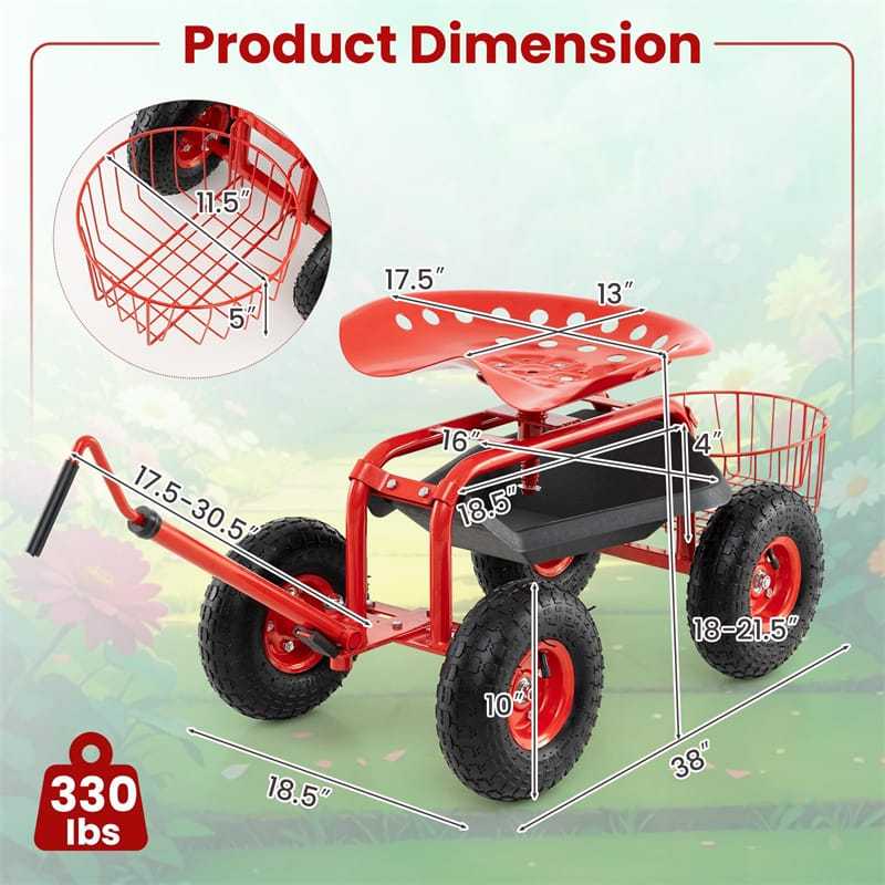 Rolling Garden Cart with 360° Swivel Seat, Extendable Hook Handle, Tool Tray, Storage Basket, Height Adjustable Gardening Workseat on Wheels