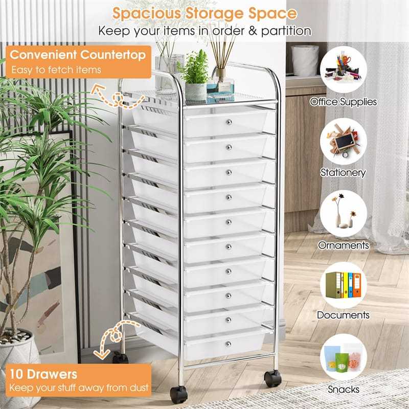 10-Drawer Rolling Storage Cart, Utility Cart with Drawers & Lockable Wheels, Mobile Art Craft Drawer Cart for Home Office, School
