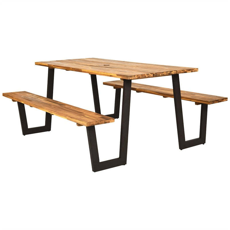 Acacia Wood Picnic Table Bench Set for 6-8, Patented 70" Outdoor Dining Set with Umbrella Hole, Heavy Duty Frame, 1600lbs Capacity for Patio, Backyard