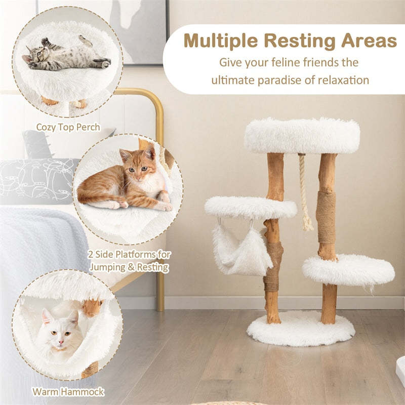 34" Tall Modern Cat Tree Solid Wood Cat Tower Multi-Layer Cat Activity Center with Warm Hammock, Cozy Top Perch, 2 Side Platforms & Jute Scratching Posts