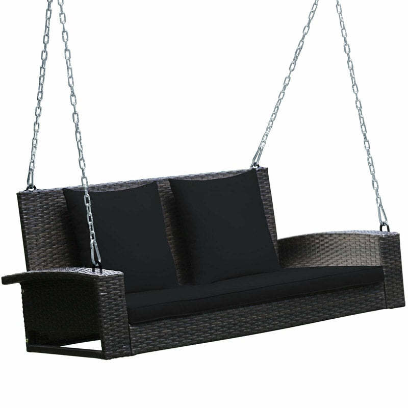 2-Person Wicker Patio Swing Bench with Removable Cushions & Reinforced Steel Chain, 800lbs Capacity Rattan Porch Swing for Backyard, Garden
