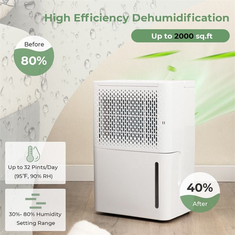 32 Pint Portable Dehumidifier for Home Basements, 2000 Sq.Ft Quite Dehumidifier with Drain Hose & 3 Modes 24H Timer