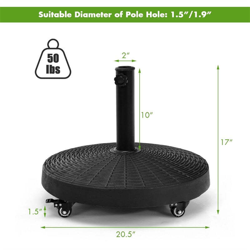50 LBS Heavy Duty Round Patio Umbrella Base Stand w/Lockable Wheels