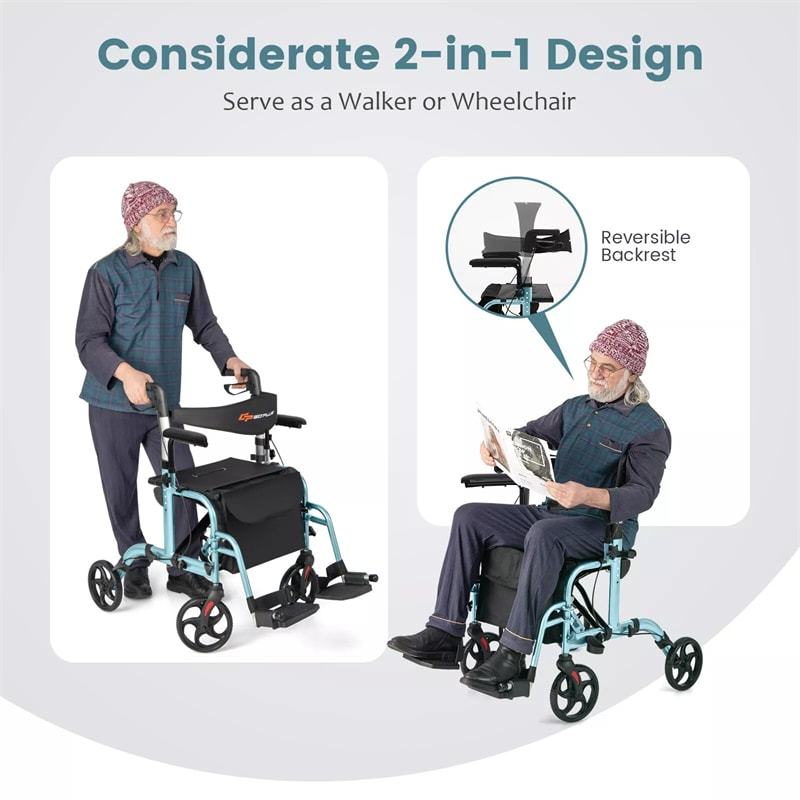 2-in-1 Folding Rollator Walker Wheelchair Combo with Backrest & Adjustable Height, 300lbs Aluminum Mobility Walking Aid for Seniors/Adults