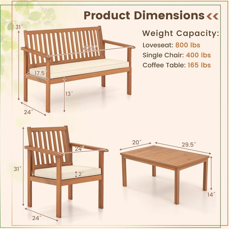 4 Piece Patio Wood Furniture Set Outdoor Acacia Wood Sofa Set with Loveseat, 2 Cushioned Chairs & Coffee Table for Porch Yard Balcony