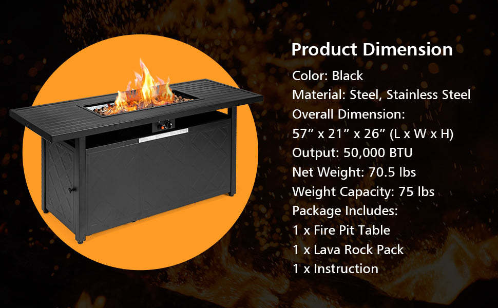 57" Rectangular Propane Fire Pit Table 50,000 BTU Auto-Ignition Patio Gas Fire Pit Table with Lid & Lava Rocks