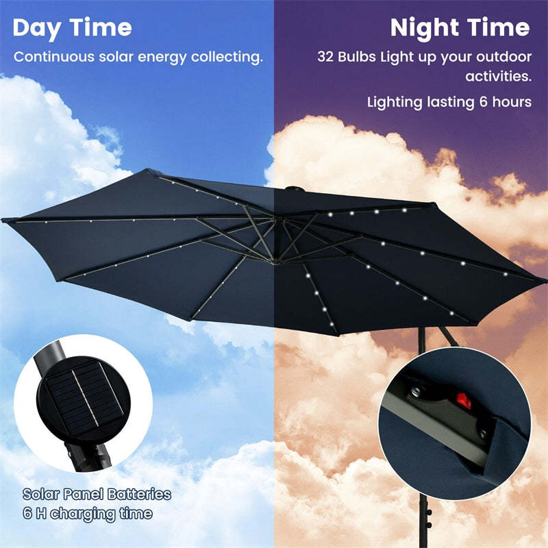 10FT Solar Offset Patio Umbrella, Hanging Cantilever Umbrella with 32 LED Lights, Adjustable Tilt, Sand Bag Base for Garden, Poolside, Yard