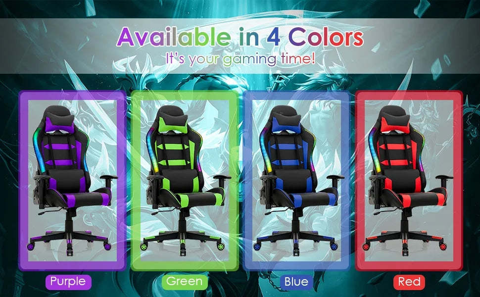 RGB Gaming Chair PVC Leather High Back Adjustable Computer Chair with LED Lights Headrest Lumbar Support