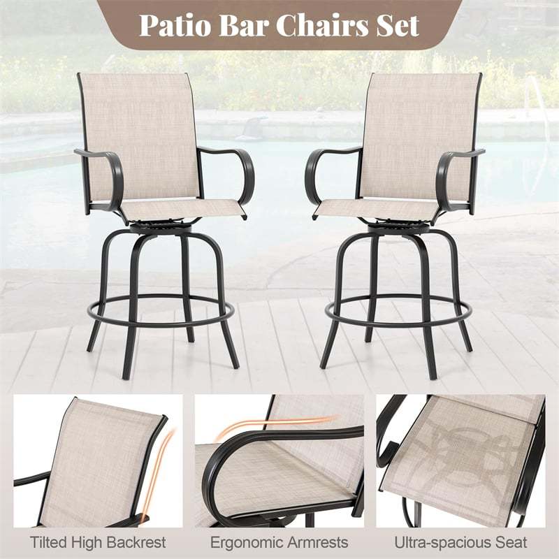 Outdoor Swivel Bar Stools Set of 2, All-Weather Steel Frame Bar Height Patio Chairs with Curved Armrests, High Back & Cozy Footrest
