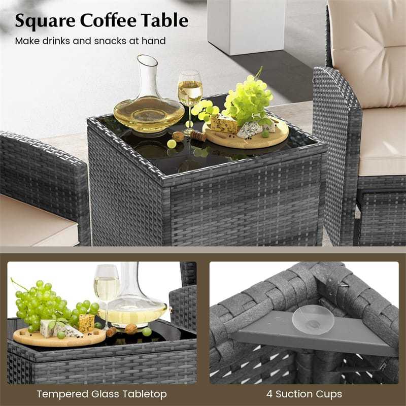 5-Piece Patio Rattan Furniture Set, Wicker Cushioned Chairs with 2 Ottomans & Tempered Glass Coffee Table for Backyard, Lawn, Poolside, Deck