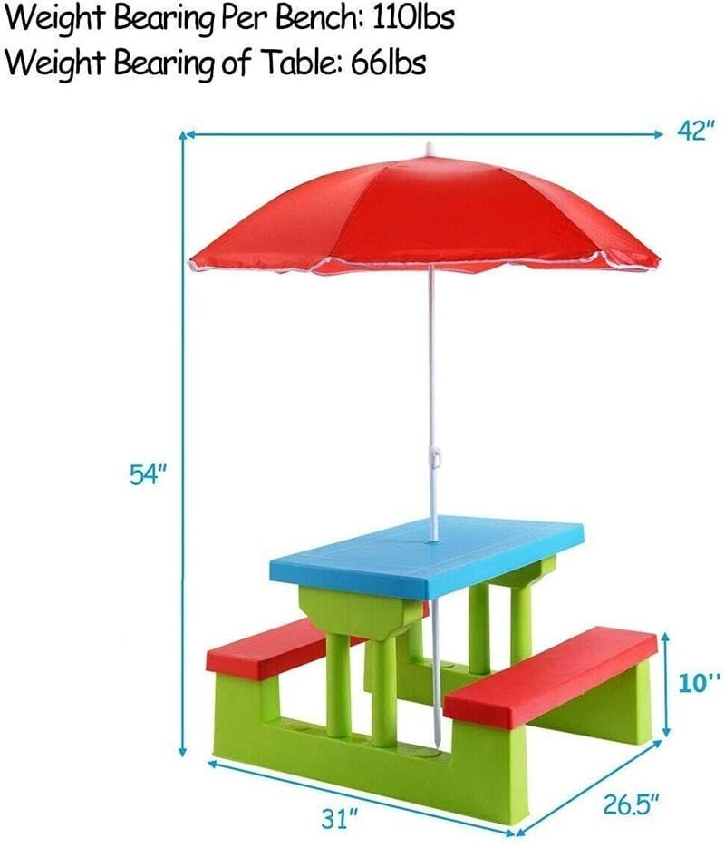 4 Seat Kids Picnic Table Bench Set Children Folding Bench Table with Removable Umbrella for Indoor Outdoor Garden Yard