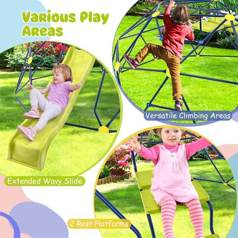 13.3FT Climbing Dome with Extended Wavy Slide, Kids Outdoor Jungle Gym Monkey Bar Geometric Dome Climber Climbing Toys for Toddlers