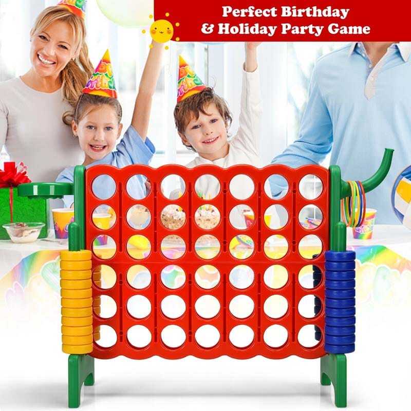 Giant 4-in-A-Row Game Set, Jumbo 4-to-Score Lawn Game with Basketball Hoop, 42 Rings, Quick-Release Slider for Kids & Adults, Indoors Outdoors